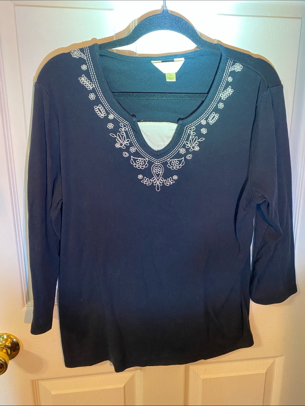 Passport Black Long Sleeve V-Neck Top with White Embroidery